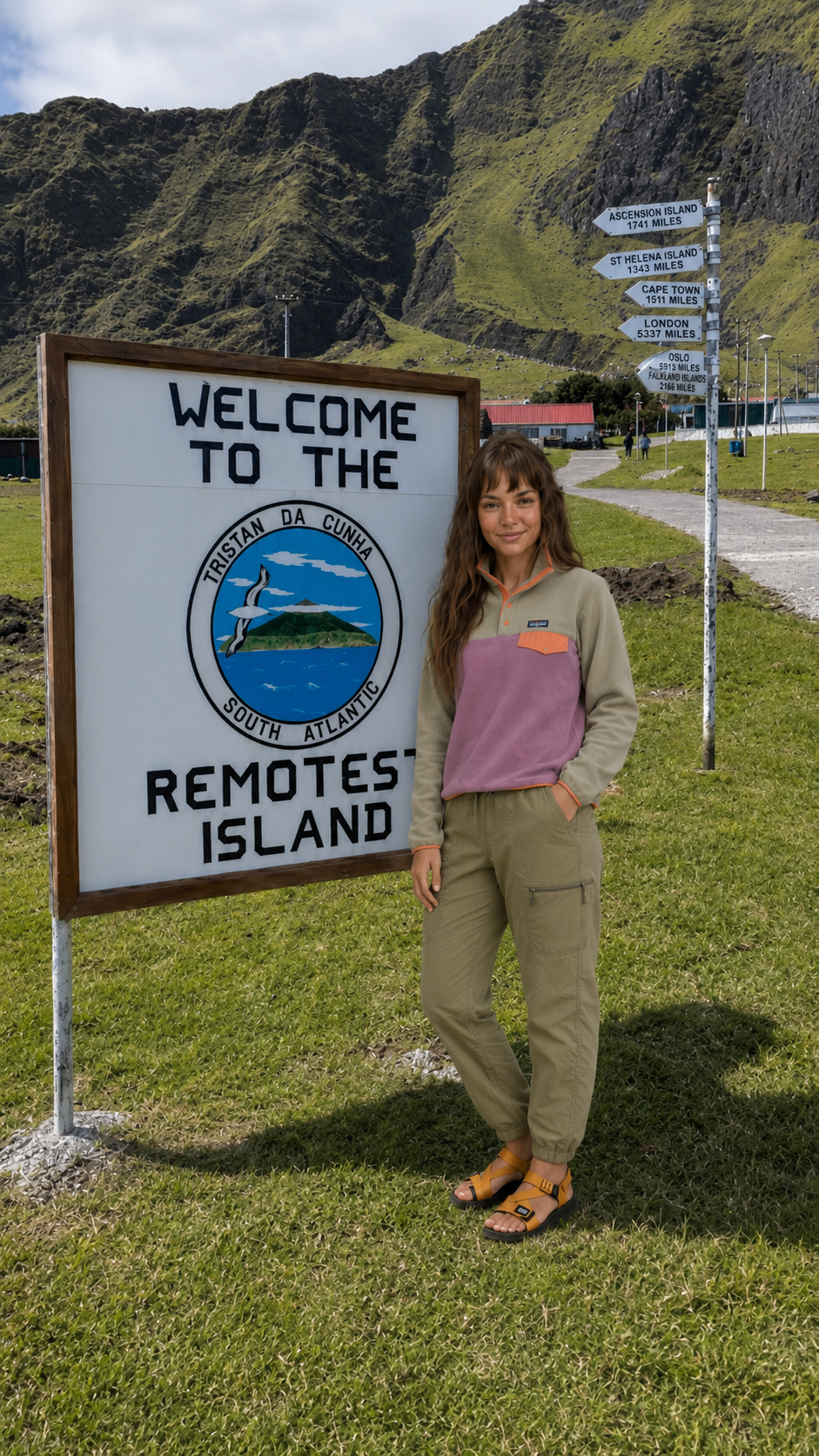 Mila standing next to the 'Welcome to the Remotest Island' sign on Tristan da Cunha, with the volcanic cliffs and distance signpost in the background