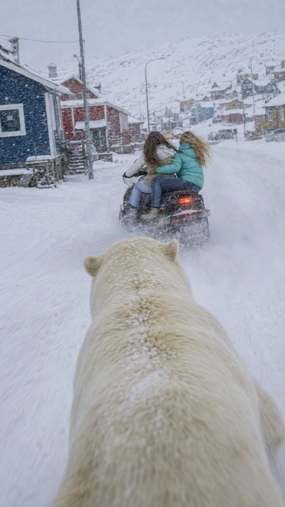 Polar bear chasing Vera and Mila on a quad bike through snowy Ittoqqortoormiit village