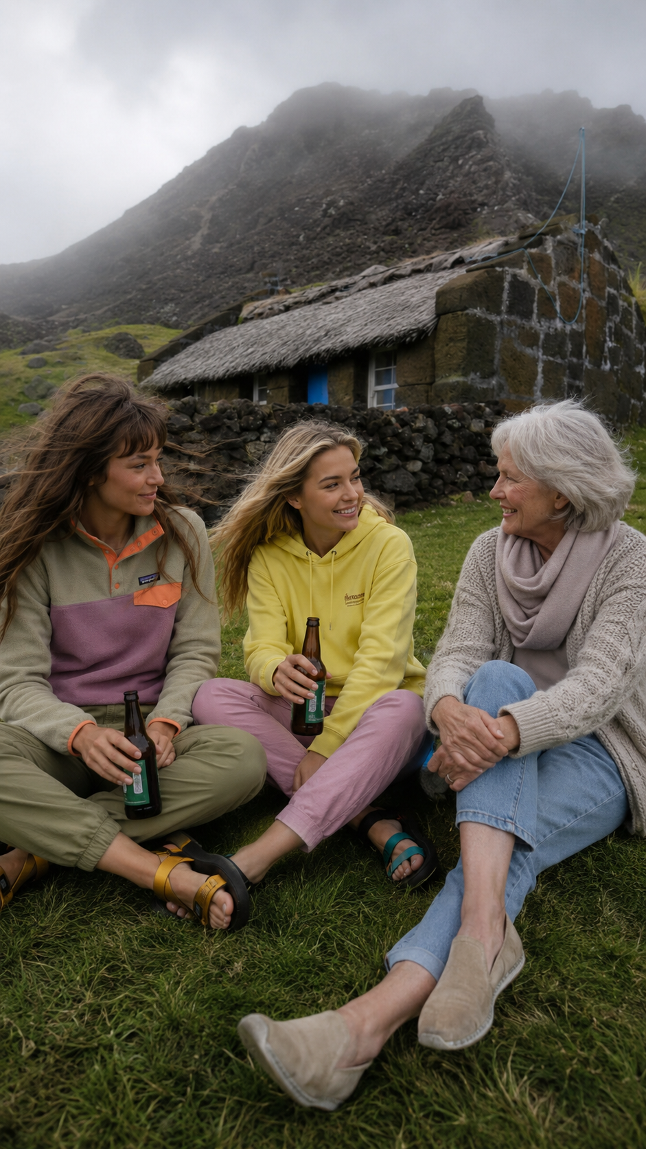Vera and Mila sitting in the grass with a Tristan da Cunha local outside a thatched stone cottage, sharing drinks in misty volcanic light