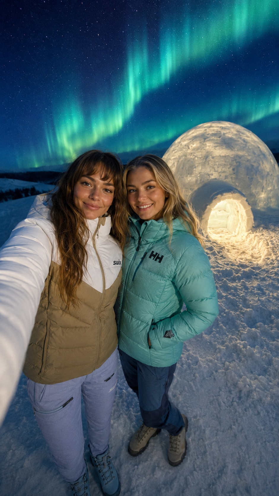 Vera and Mila taking a selfie in front of an igloo under the northern lights