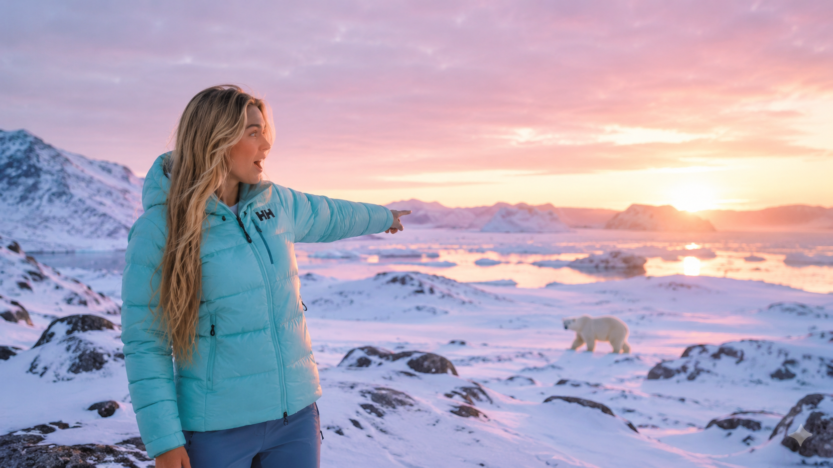 Vera standing on a snowy ridge in Greenland pointing at a polar bear silhouetted against a golden arctic sunset