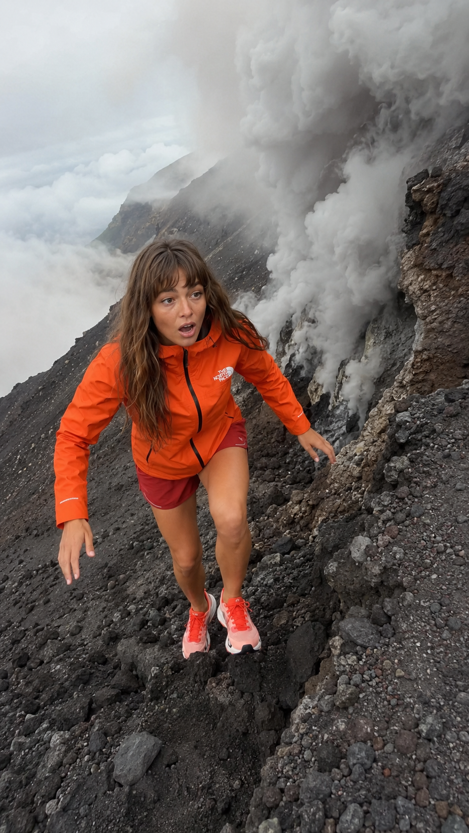 Vera in an orange jacket scrambling up the black volcanic slope of Queen Mary's Peak with steam venting from the rocks behind her