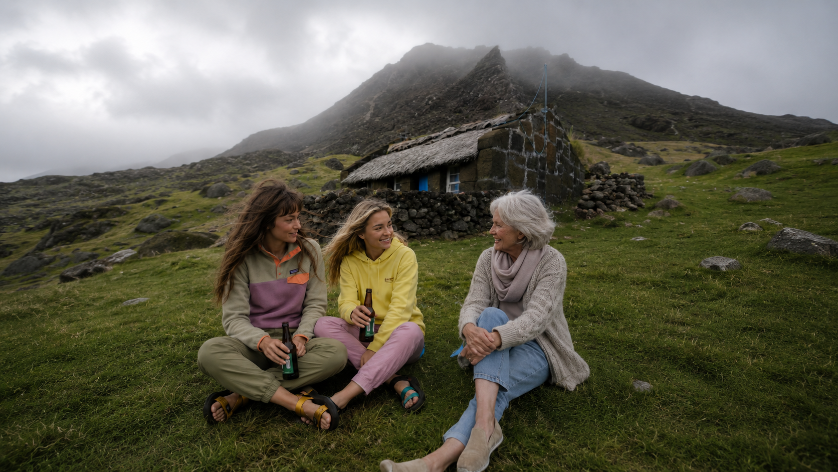 Three women sit talking on a grassy slope in front of a traditional stone house on Tristan da Cunha