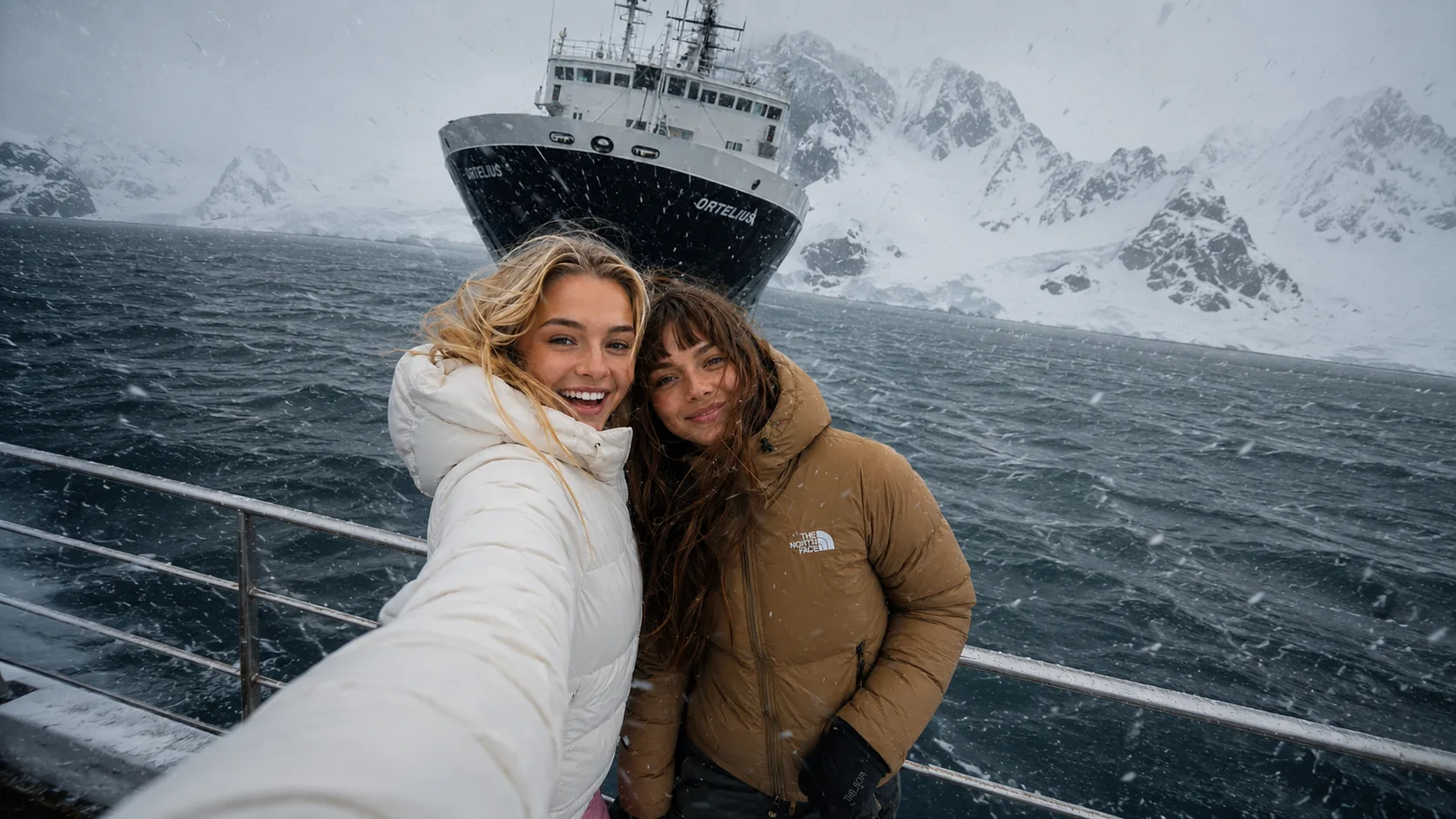 Vera and Mila taking a snowy selfie in front of the Ortelius expedition ship near Bouvetøya
