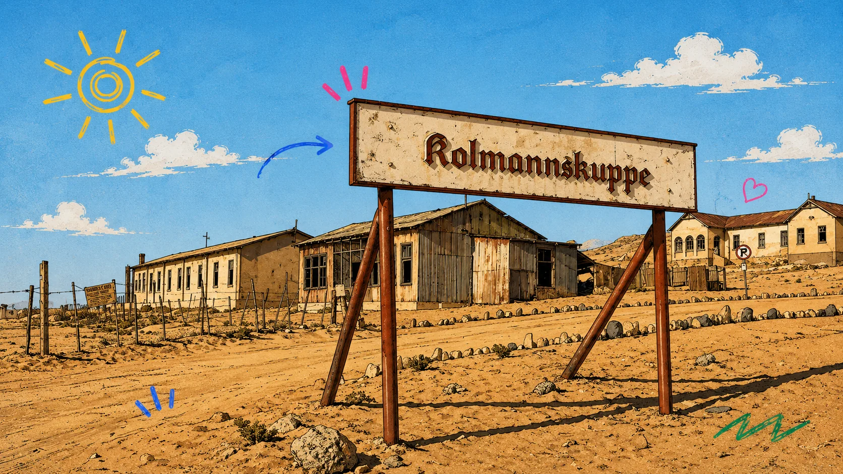 Weathered Kolmannskuppe sign in front of abandoned colonial buildings in the Namib Desert, Namibia