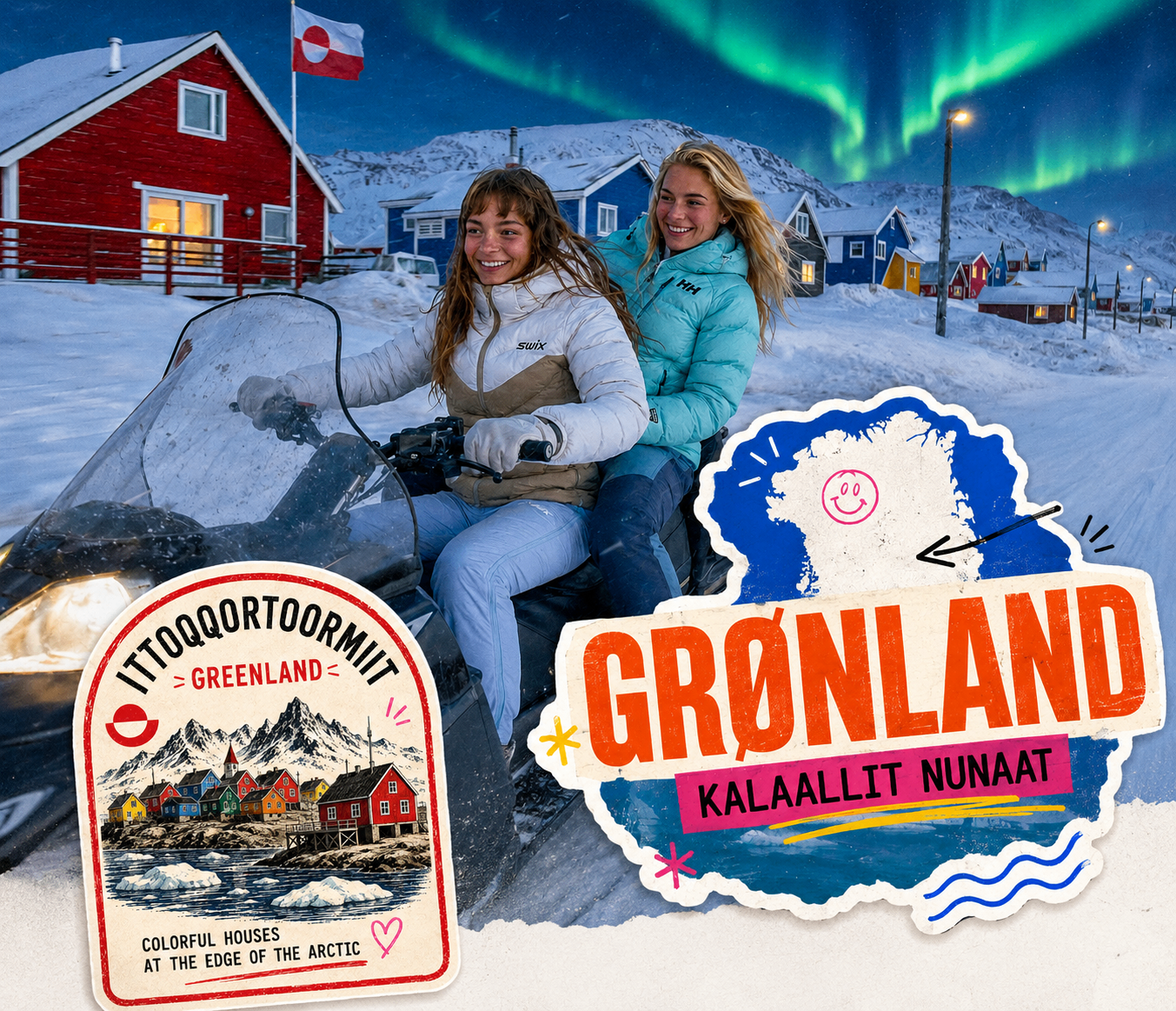 Ittoqqortoormiit destination poster — Vera and Mila under the aurora borealis with colorful Greenland houses, a polar bear silhouette, and bold typography