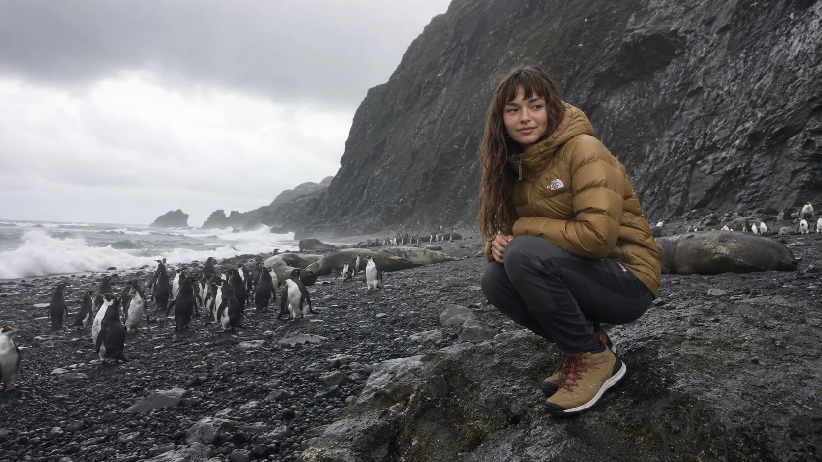 A traveler in a tan down jacket crouching on a black-pebble Bouvetøya beach surrounded by macaroni penguins and elephant seals beneath towering volcanic cliffs